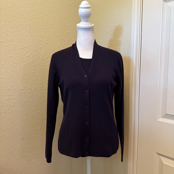 Talbots Eggplant Purple Silk Short Sleeve Sweater V-Neck Cardigan Twin Set S - Picture 1 of 16